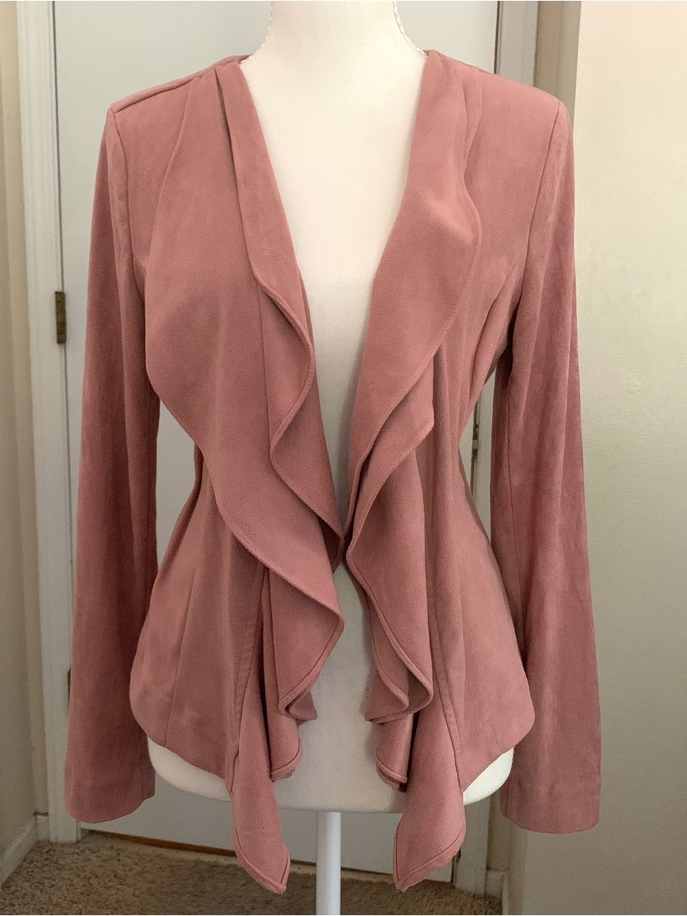 Faux Suede Open Front Waterfall Jacket Draped Pink Mauve Muted Blazer Sz S